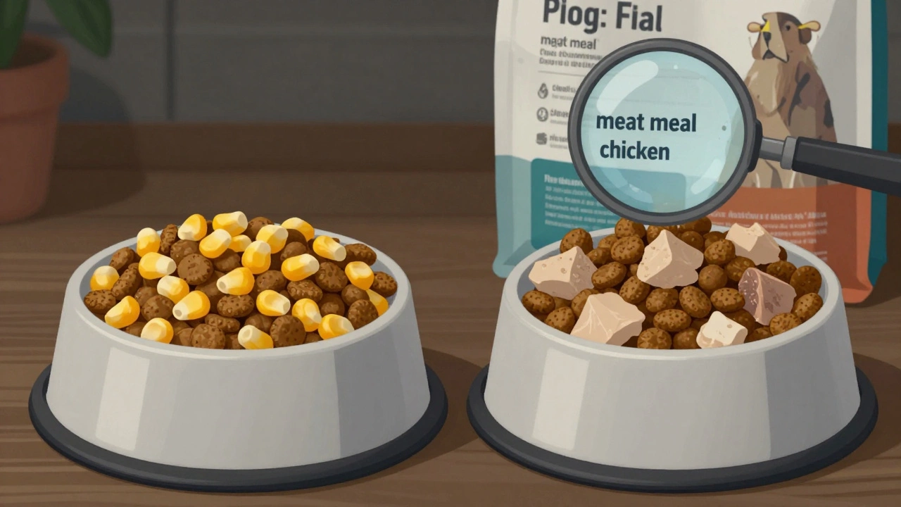 Два вида сухого корма: дешевый с кукурузой и качественный с мясом.