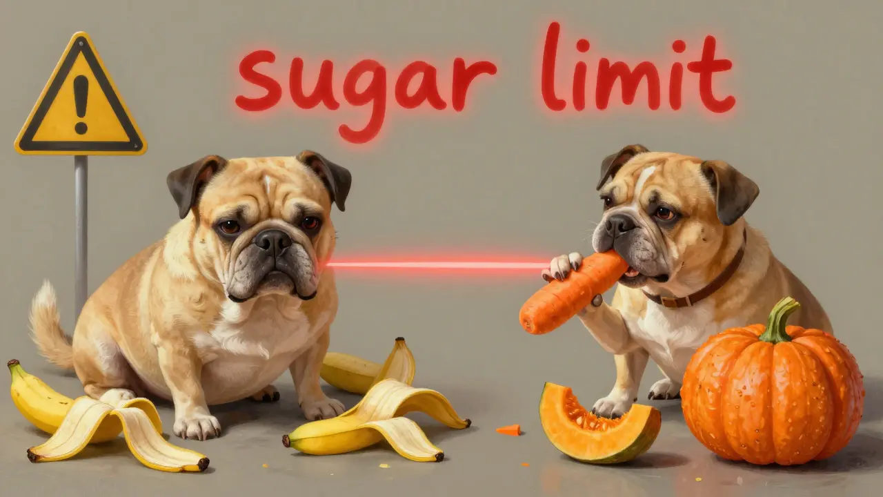 Двухсторонняя сцена: собака с вздутым животом рядом с банановой кожурой и та же собака, съедающая морковь и тыкву.