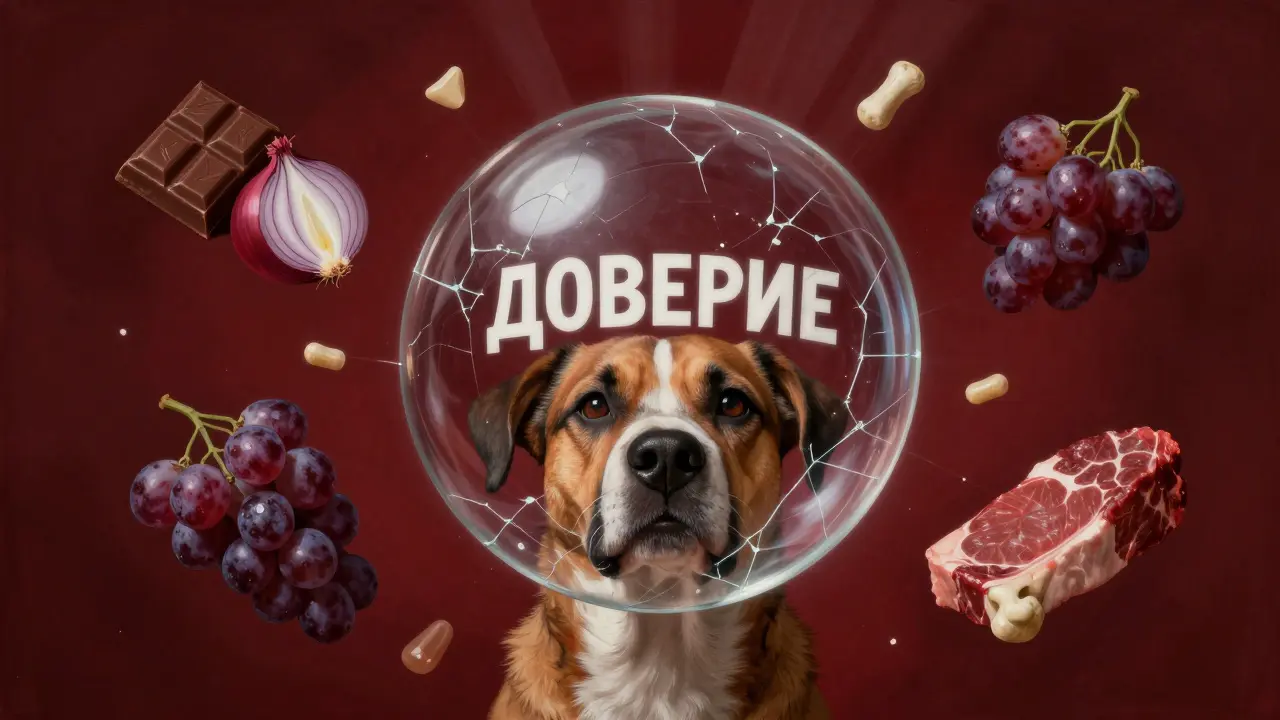 Голова собаки окружена опасными продуктами в разбитом стеклянном шаре, символизирующем предательство доверия.