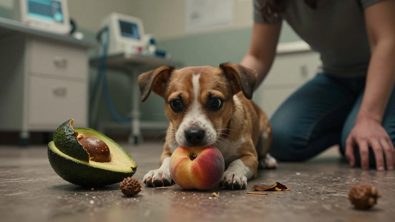 Маленькая собака подавилась косточкой персика, ветеринарная клиника на заднем плане.