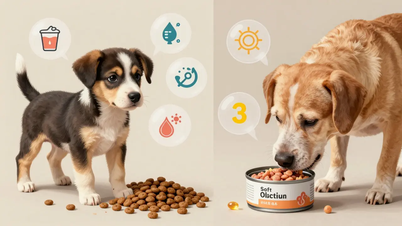 Молодой щенок и пожилая собака с разными типами питания, подчеркивающими возрастные потребности.