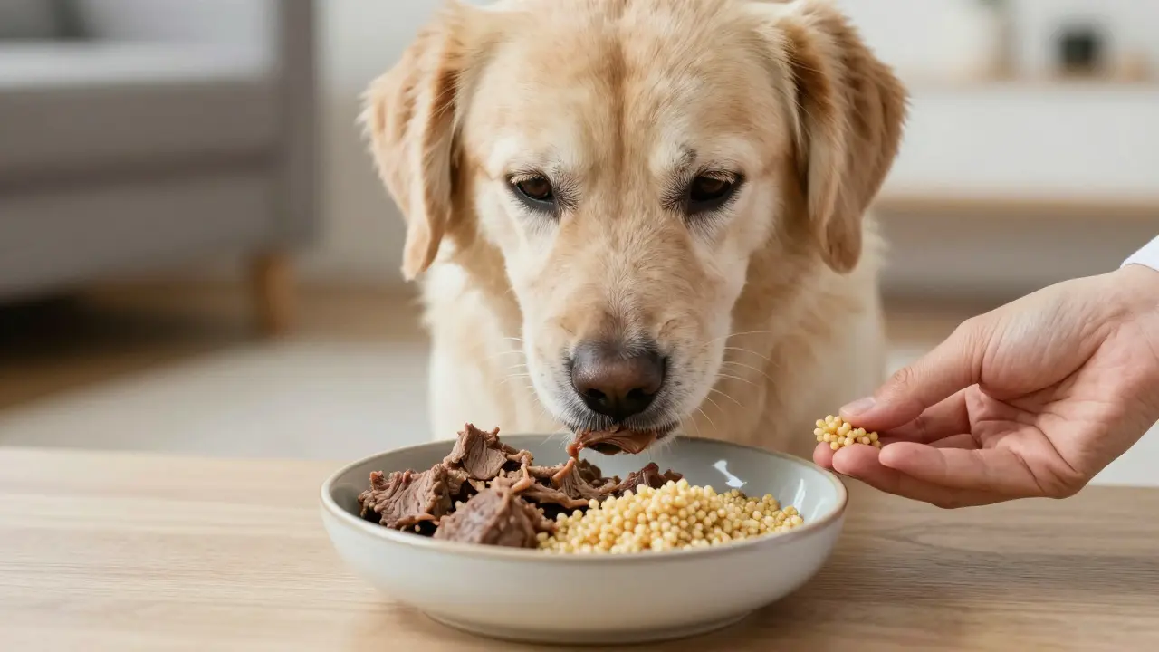 Пожилая собака ест мясо с просом, рядом ветеринар подаёт порцию.