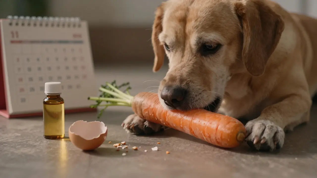 Пожилая собака жует морковь, вокруг — символы заботы: рыбий жир, яичная скорлупа, календарь.