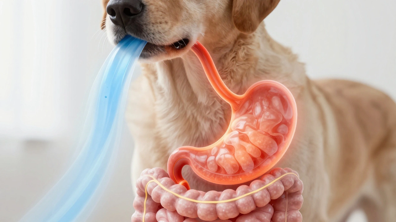 Прозрачное изображение пищеварительной системы собаки с тёплым и холодным потоками еды.