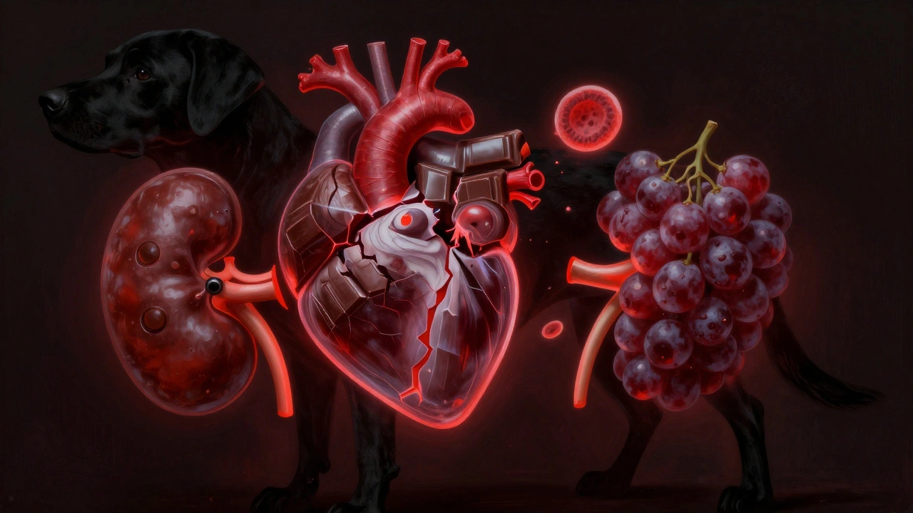 Прозрачное изображение внутренних органов собаки с токсичными символами на них.