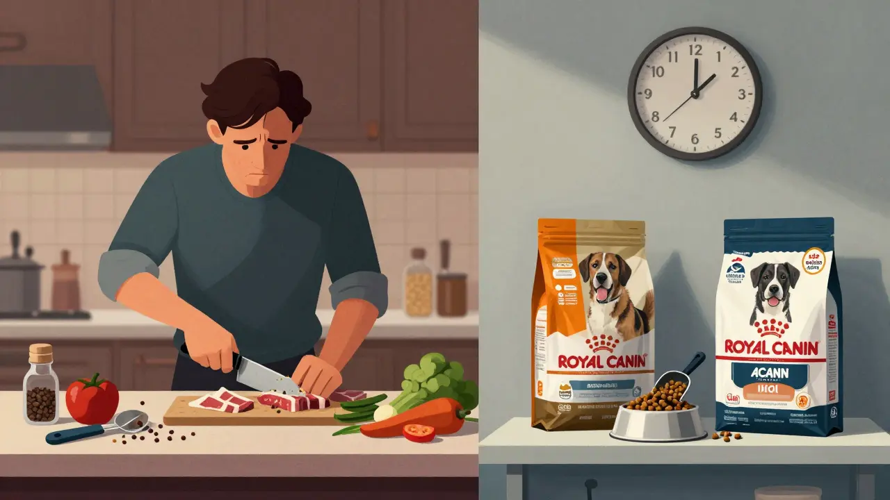 Разделённая сцена: слева — владелец готовит еду в хаосе, справа — аккуратно насыпает качественный сухой корм.