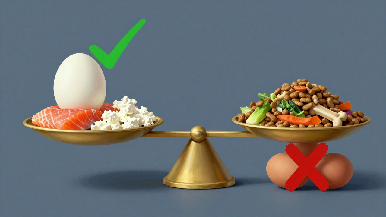 Сбалансированная шкала с питательными продуктами для собаки, яйца — лишь часть рациона.