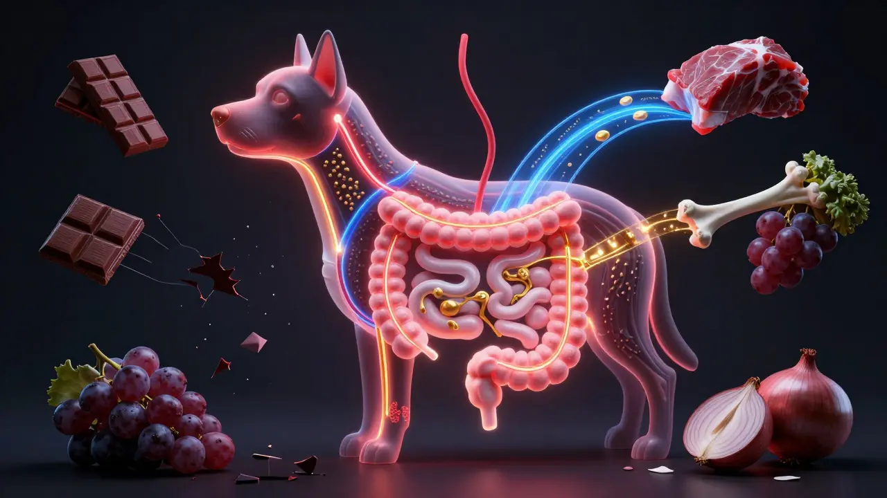 Схема пищеварительной системы собаки с потоками питательных веществ и запрещёнными продуктами в виде разбитых объектов.