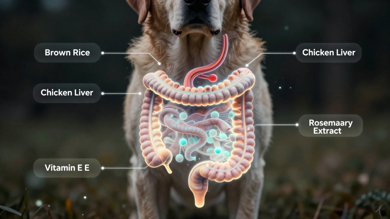 Схема здорового кишечника собаки с компонентами корма Purina: рис, лосось, печень, витамин Е.