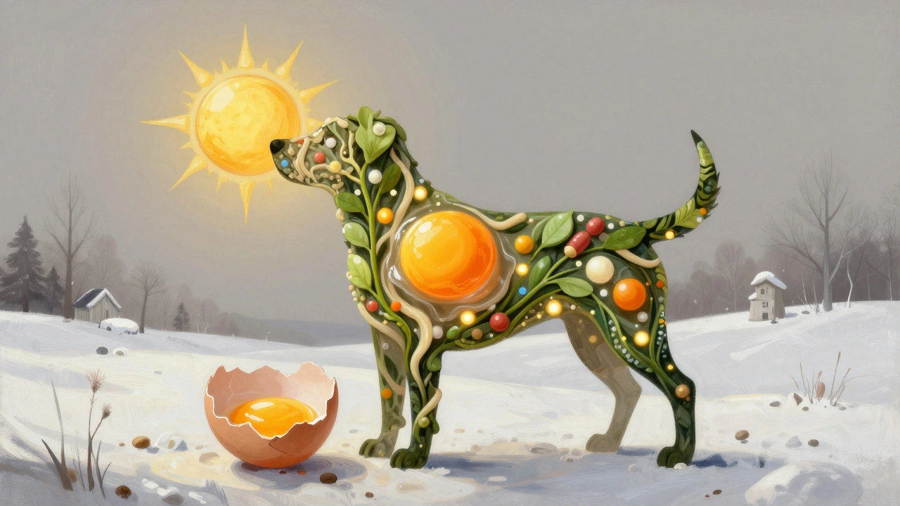 Силуэт собаки, составленный из питательных элементов яйца, на фоне зимнего пейзажа.
