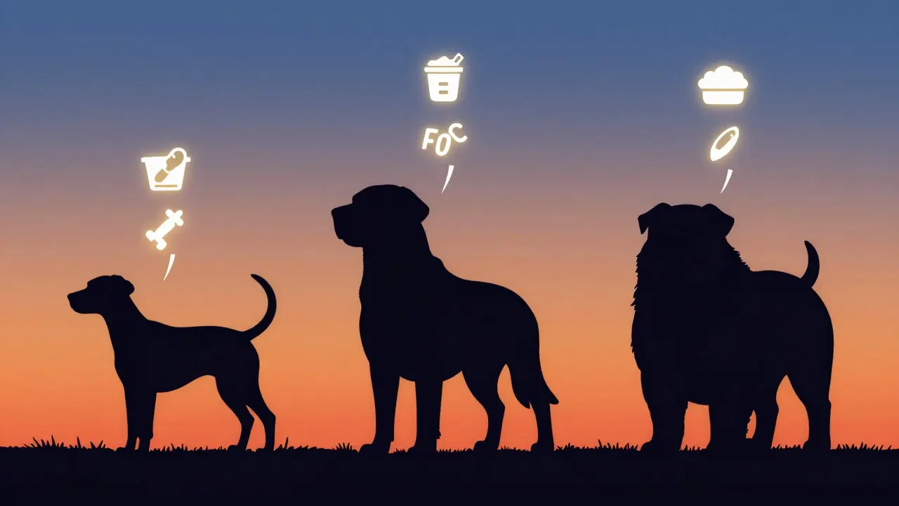 Силуэт собаки в трех возрастных стадиях с визуализацией питательных веществ.