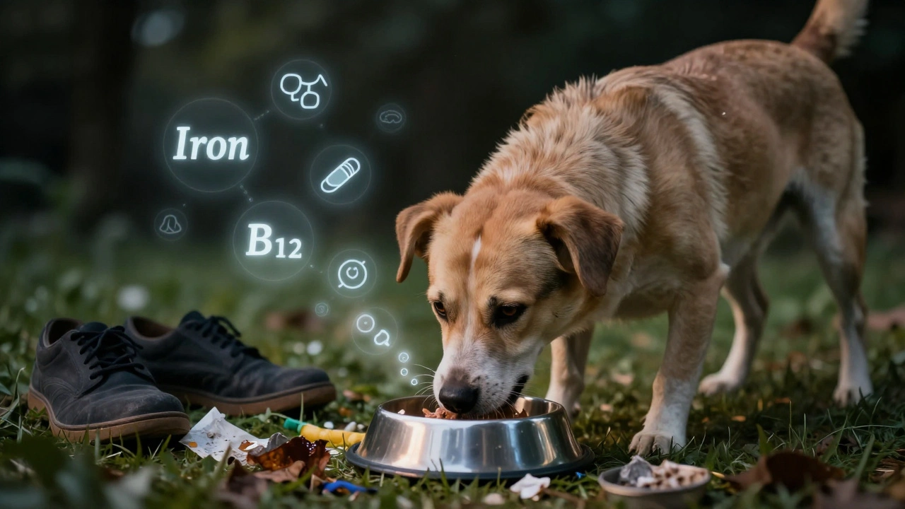 Собака ест из миски, но одновременно жует мусор и траву, вокруг неё светятся недостающие питательные вещества.