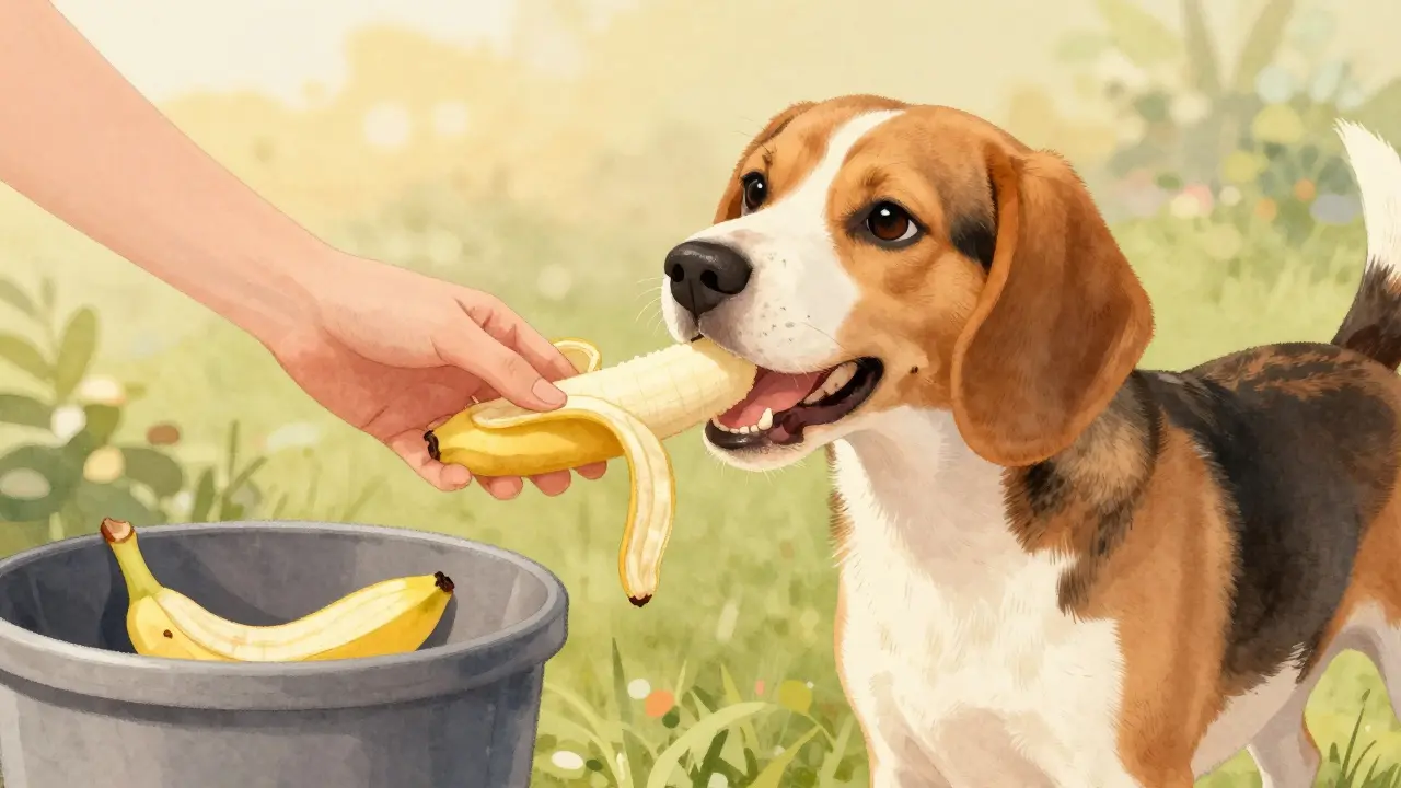 Собака ест кусочек банана из рук владельца, кожура выброшена в корзину.