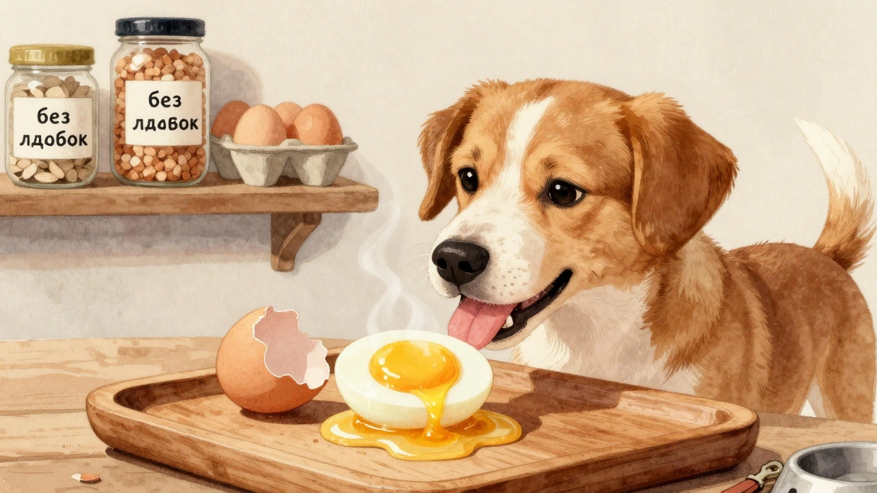 Собака ест вареное яйцо на деревянном подносе.
