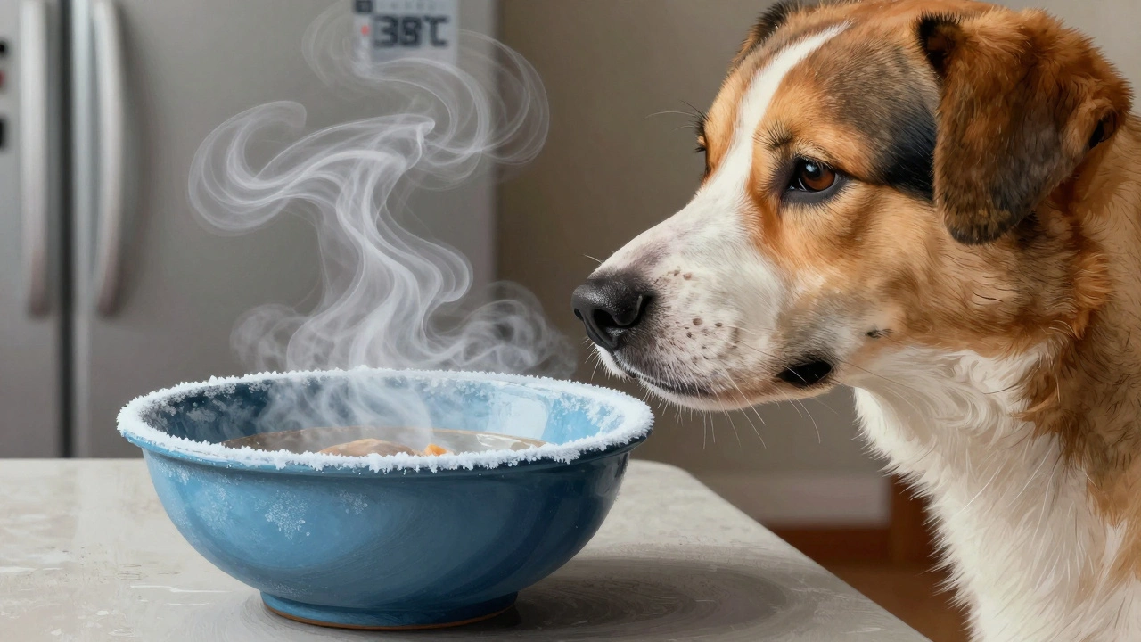 Собака обнюхивает тёплую еду, в воздухе видны волны аромата, холодная еда в тени.