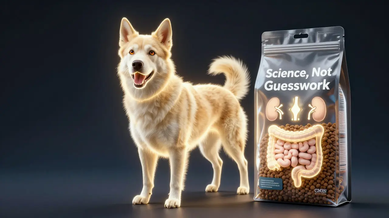 Собака с сияющим телом рядом с упаковкой корма, символизирующей научный подход.