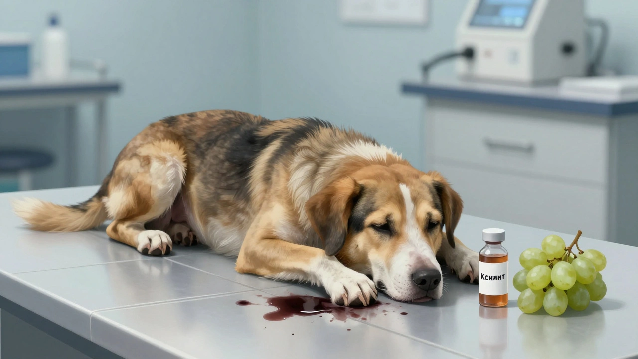 Собака слабо лежит на полу ветклиники, рядом — виноград и упаковка с ксилитом.