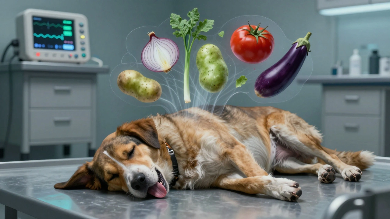 Собака слабо лежит в ветеринарной клинике, вокруг — призрачные силуэты токсичных овощей.