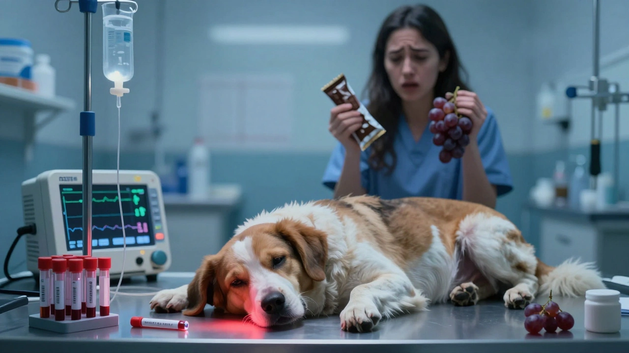 Собака слабо лежит в ветклинике, рядом — капельница и анализ крови, хозяин держит упаковку с ядом.