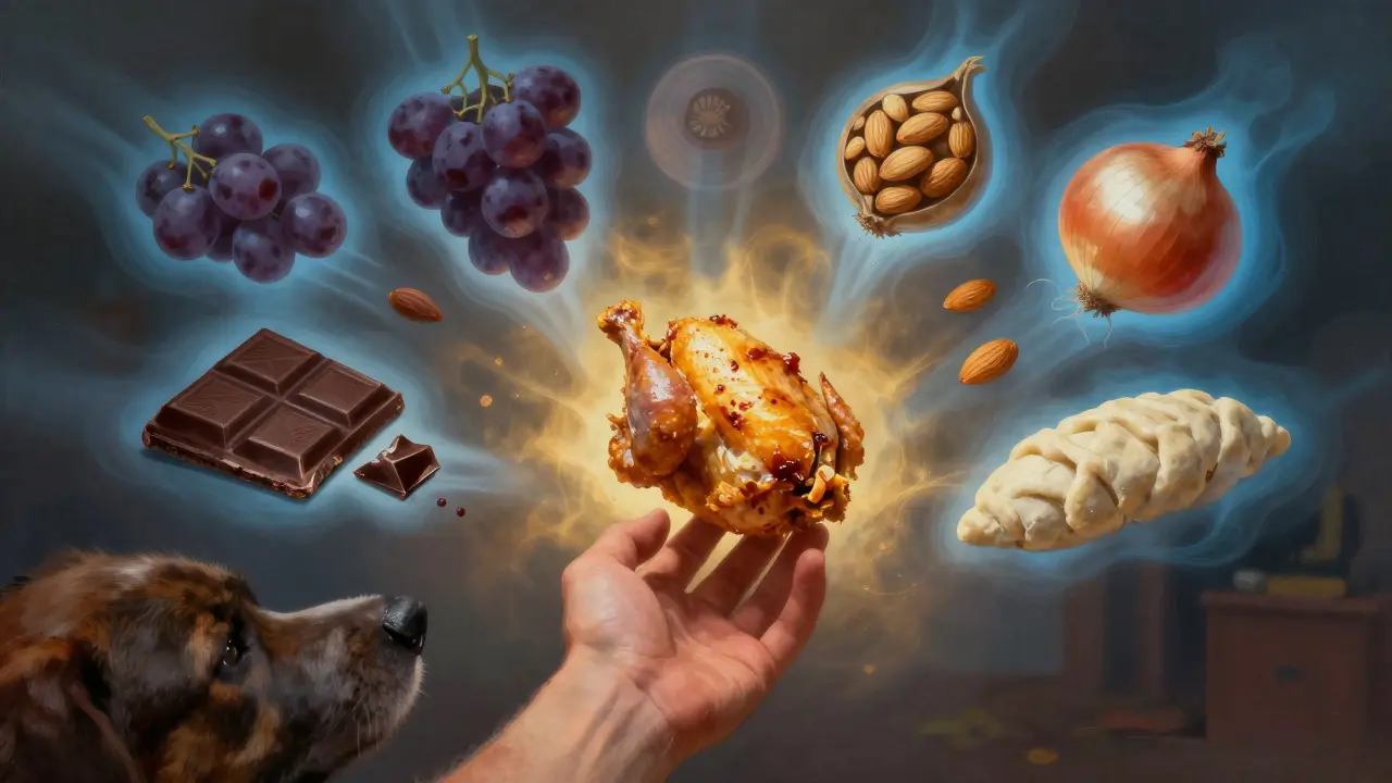 Собака видит безопасную еду и призрачные опасные продукты вокруг.
