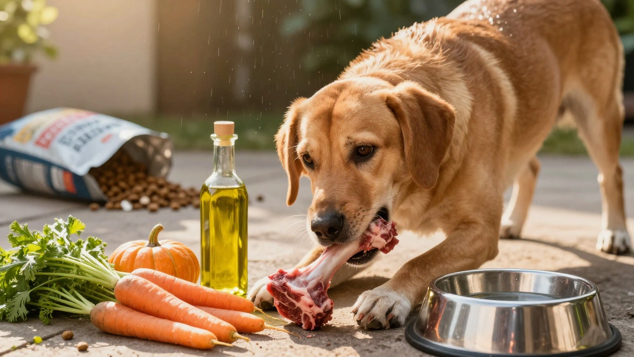 Собака жует сырое мясо с овощами и водой, в фоне — забытый пакет сухого корма.