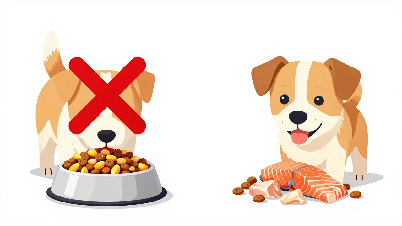 Сравнение: дешевый корм с кукурузой и соей слева, качественный корм с курицей и лососем справа.