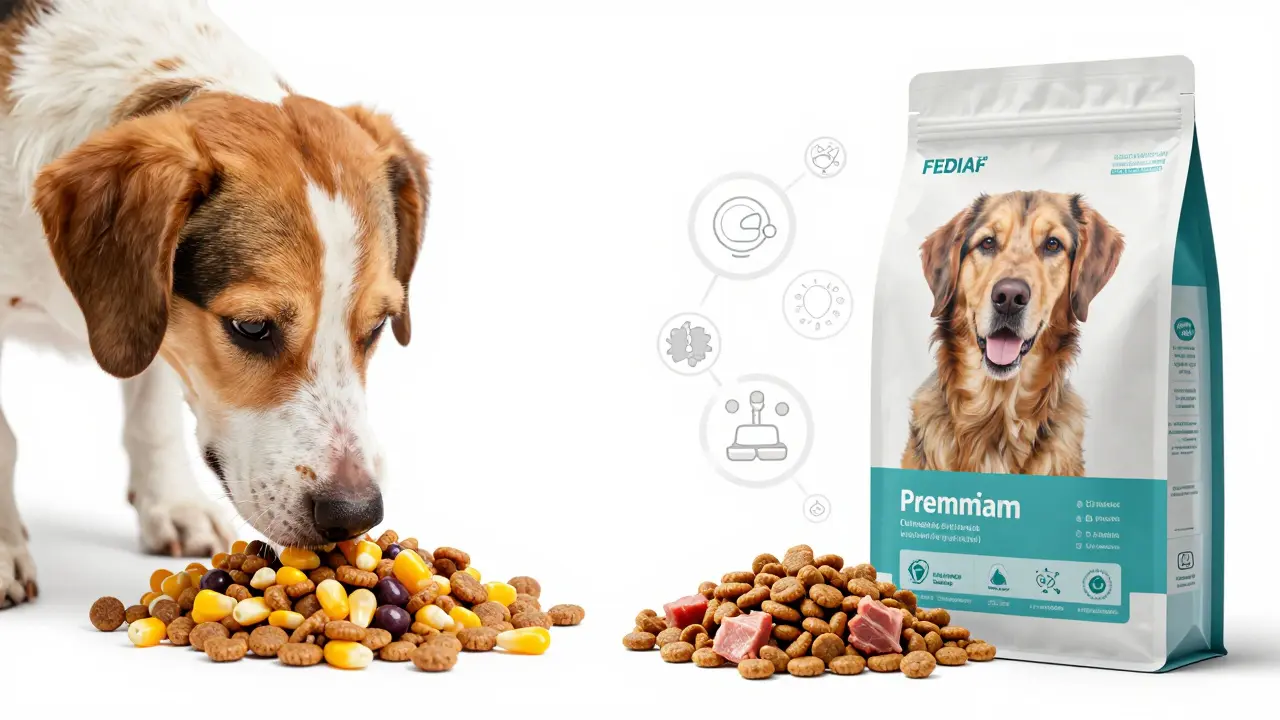 Сравнение качественного и некачественного сухого корма для собак.