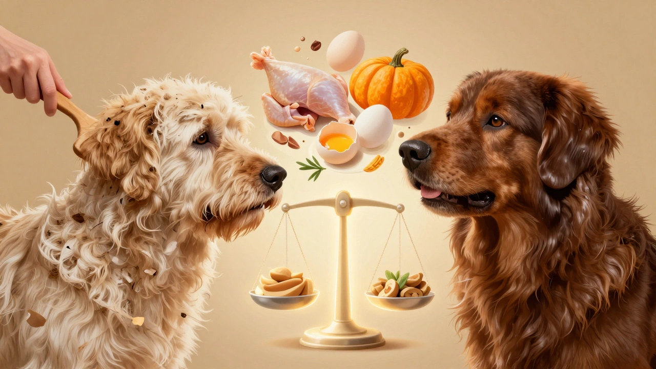 Сравнение шерсти собаки: тусклая и линяющая слева, гладкая и блестящая справа, с натуральными ингредиентами вокруг.