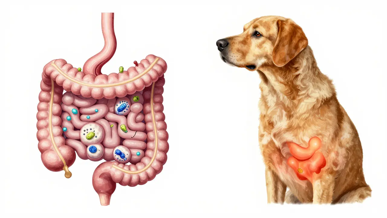 Сравнение здорового и нарушенного кишечника собаки с пробиотиками и дискомфортом.