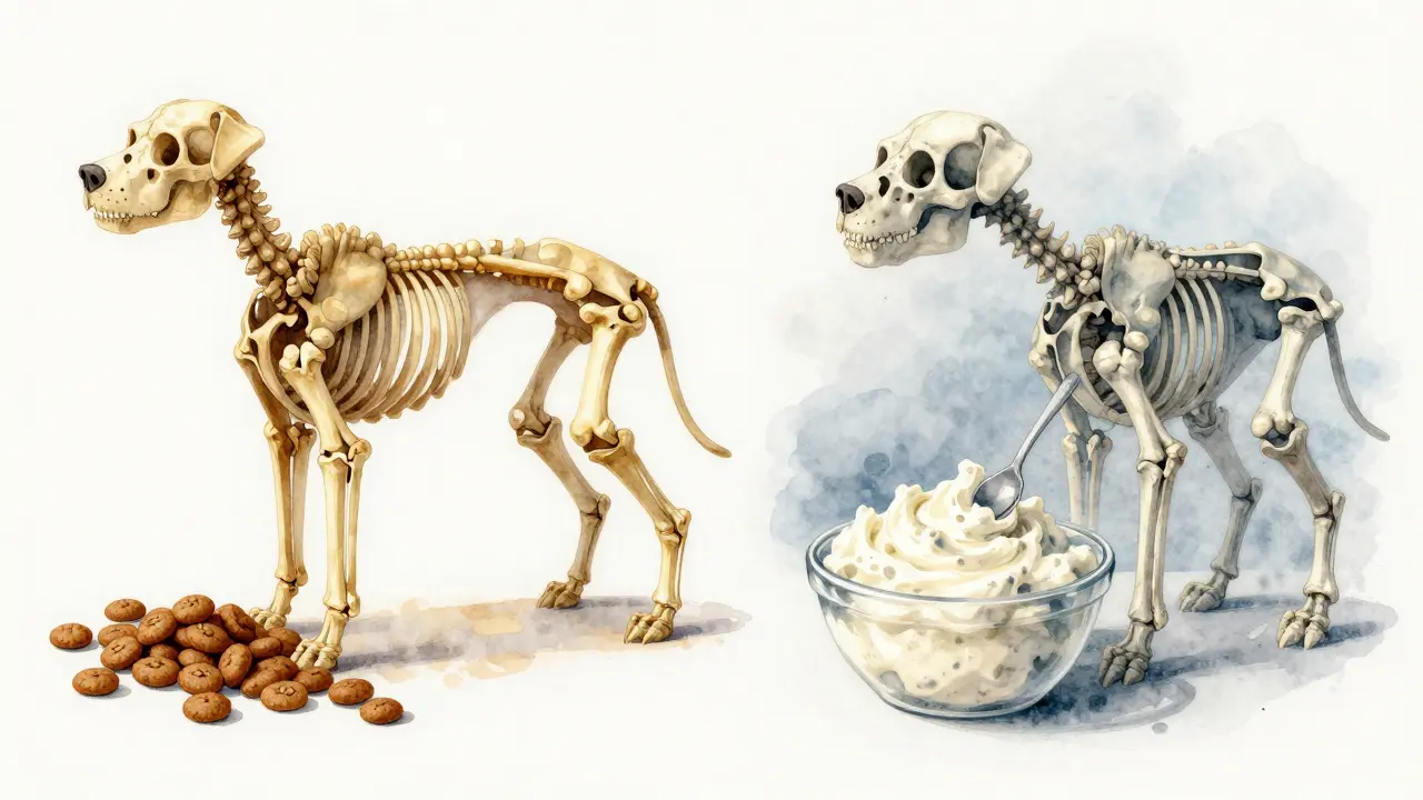 Сравнение здорового и поврежденного скелета собаки под влиянием творога.