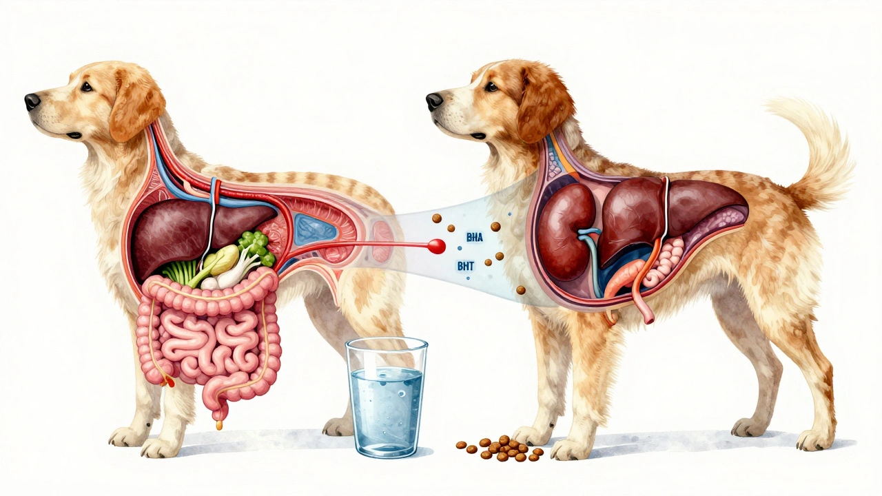 Сравнение здоровых и повреждённых внутренних органов собаки при натуральном и сухом питании.