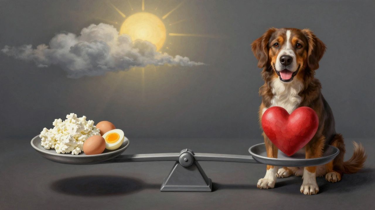 Весы с полезными продуктами и символами здоровья собаки.