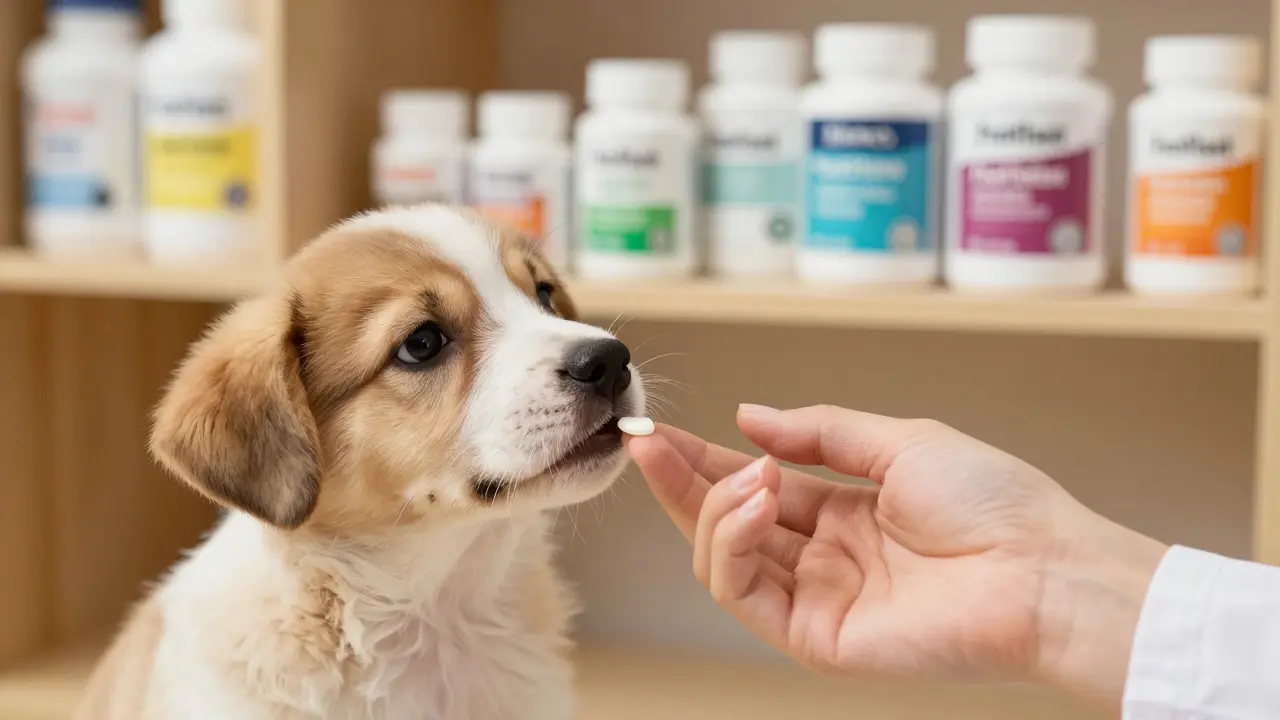 Ветеринар дает щенку каплю кефира на пальце, на фоне ветпробиотиков.