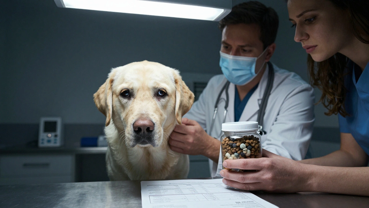 Ветеринар осматривает собаку с признаками отравления плесенью.