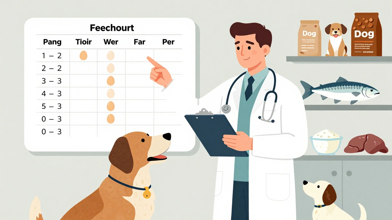 Ветеринар показывает владельцу собаки график кормления с яйцами 2-3 раза в неделю.