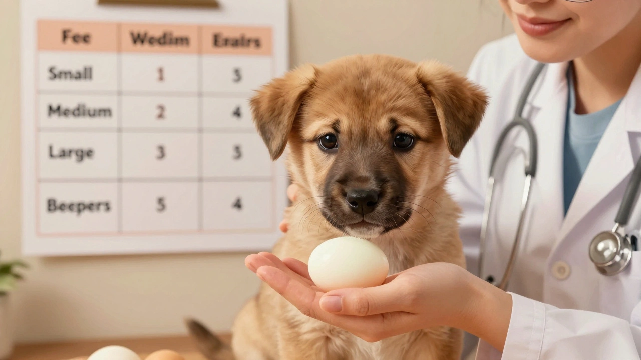 Ветеринар показывает владельцу вареное яйцо, держа щенка на руках.
