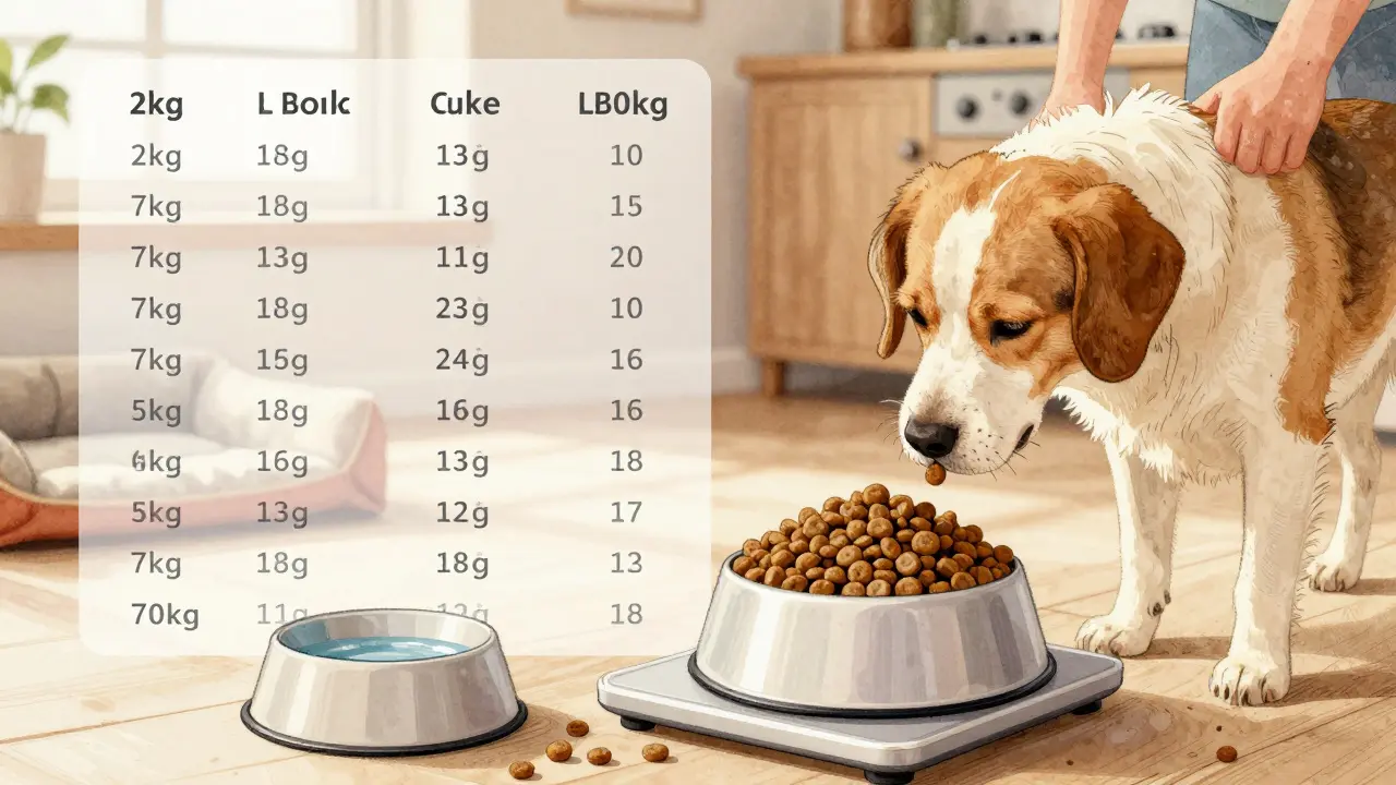 Владелец взвешивает сухой корм для собаки на кухонных весах в домашней обстановке.