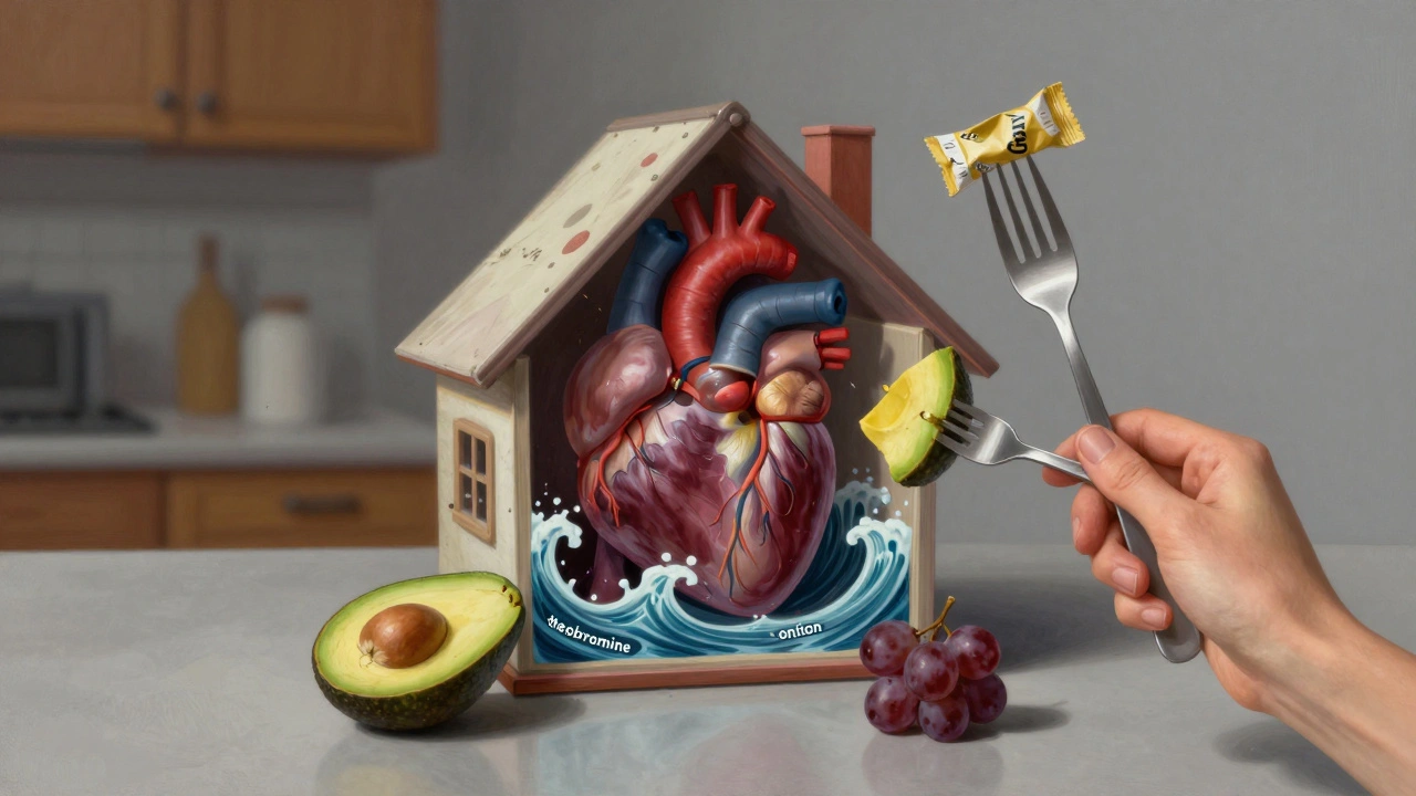 Внутренние органы собаки как хрупкий дом, а токсины — волны, разрушающие его: шоколад, ксилит, лук.