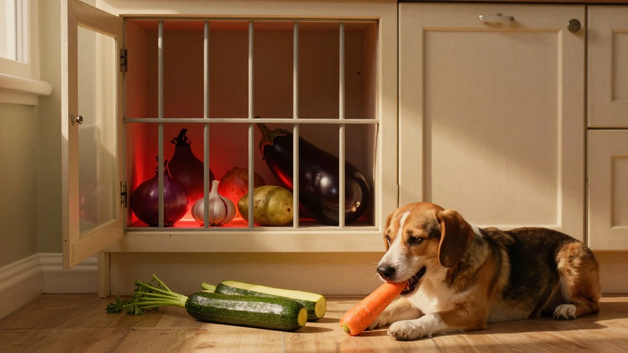 Закрытый шкаф с запрещёнными овощами внутри, снаружи собака ест безопасную морковь и кабачок.