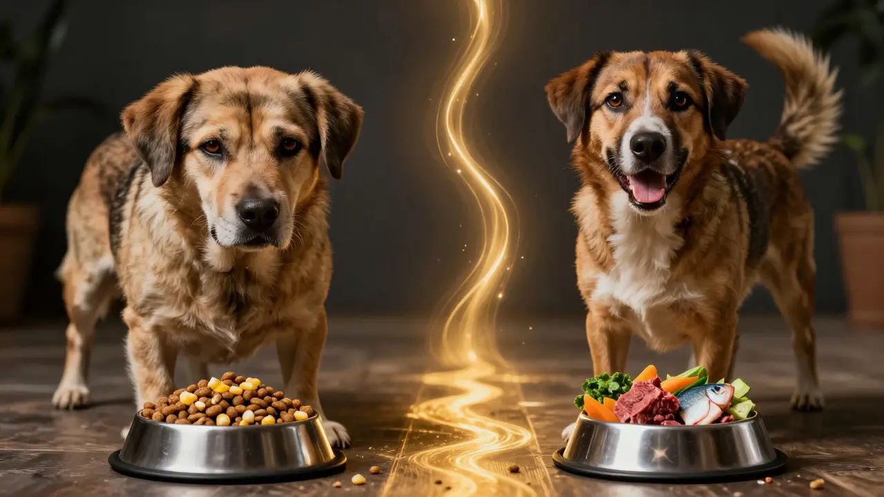 Два состояния собаки: слабая на фоне дешевого корма и здоровая с натуральной едой, соединённые золотым путём.