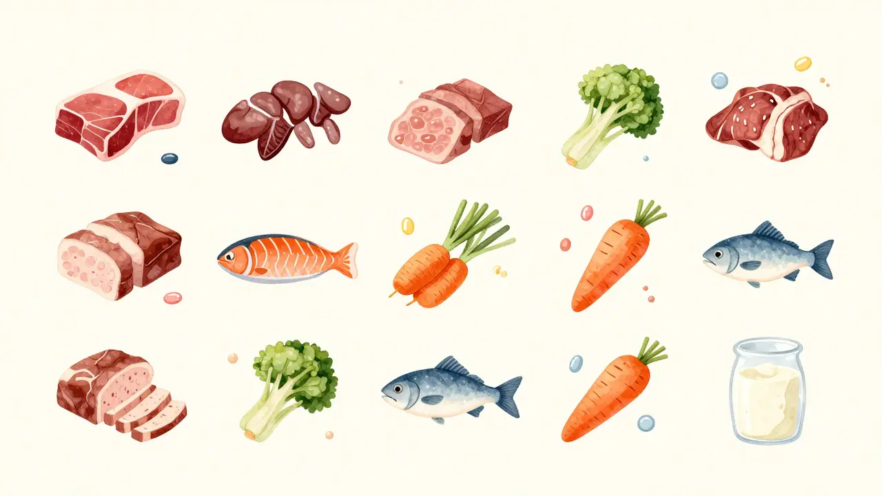 Недельный план питания для собаки с изображением мяса, овощей, рыбы и молочных продуктов в виде иконок.