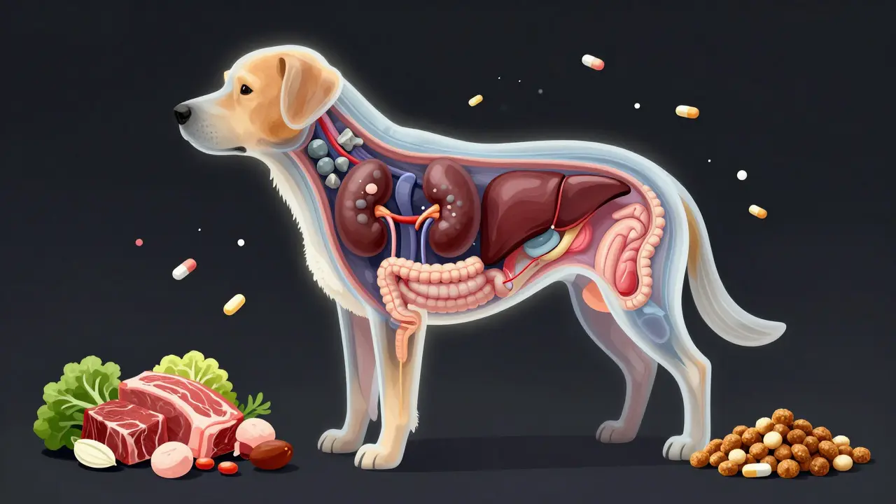 Прозрачное изображение внутренностей собаки с камнями в почках, воспалённым кишечником и токсинами.