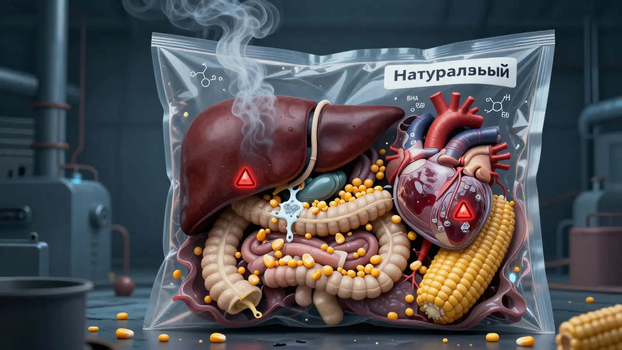Схематичное изображение внутренних органов собаки, забитых кукурузой и химикатами, внутри упаковки с надписью 'Натуральный'.