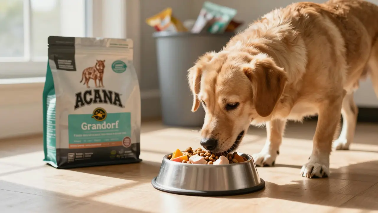 Собака ест качественный корм с курицей и овощами, рядом лежит упаковка Acana, солнечный свет и чистая атмосфера.