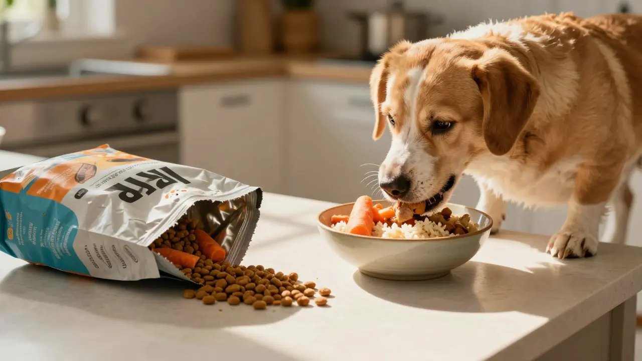 Собака ест натуральную еду из миски, на фоне — открытый пакет с сухим кормом и списком ингредиентов.