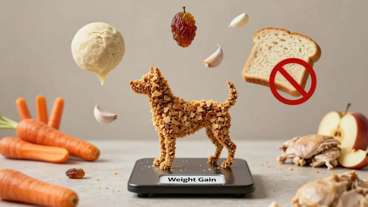 Собака из хлебных крошек окружена опасностями: изюм, сырое тесто, чеснок.