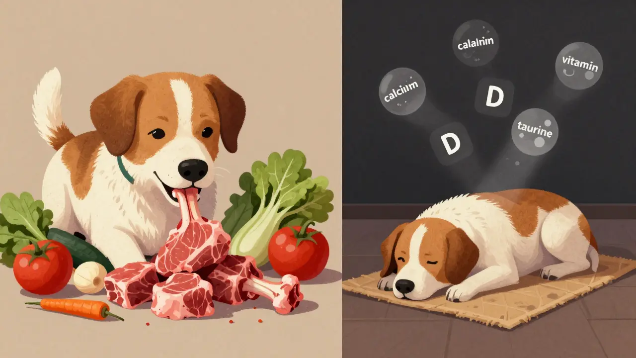 Сравнение: собака ест сырое мясо слева и выглядит слабой справа из-за дефицита питательных веществ.