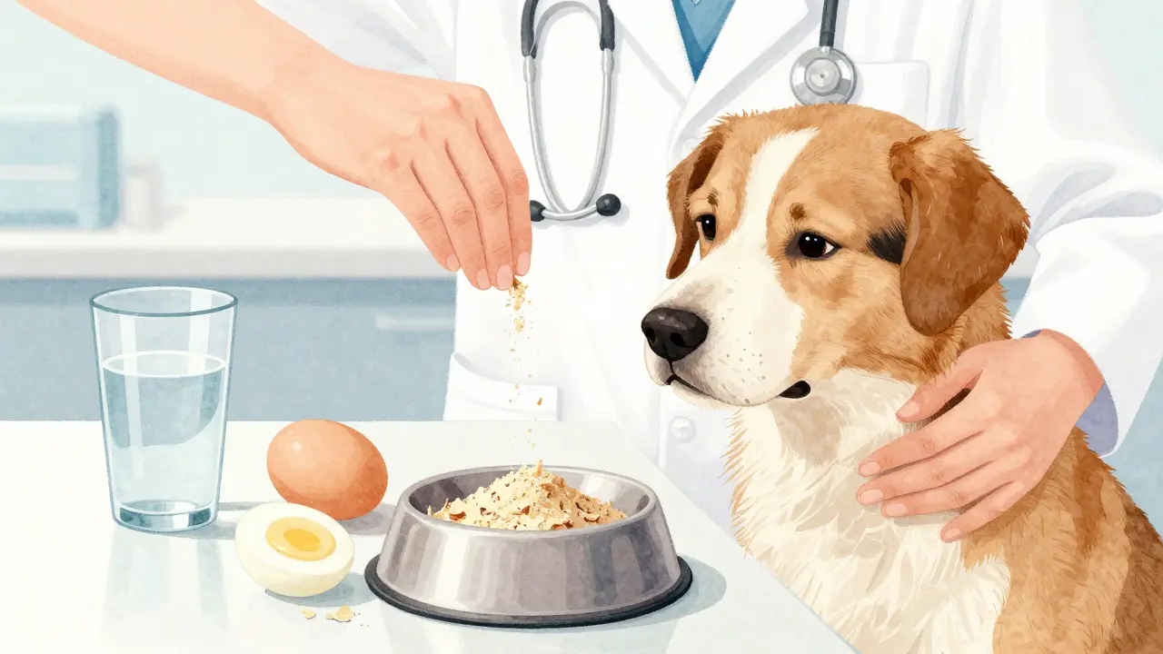 Ветеринар добавляет порошок яичной скорлупы в еду собаке